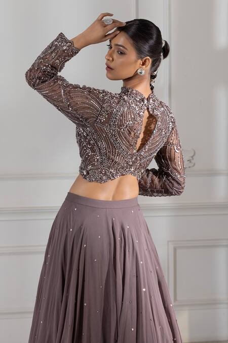 Shop_Raj Arora_Grey Georgette Crystals, Cut Work, Sequins High Neck Embroidered Lehenga Set _at_Aza_Fashions