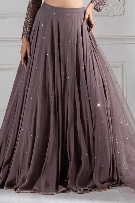 Raj Arora_Grey Georgette Crystals, Cut Work, Sequins High Neck Embroidered Lehenga Set _Online_at_Aza_Fashions