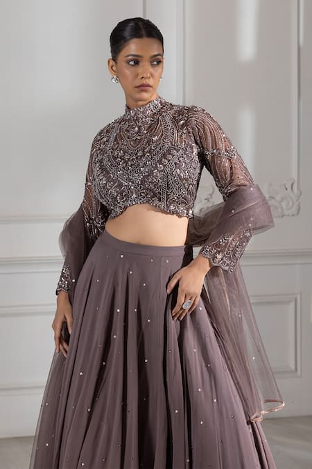 Buy_Raj Arora_Grey Georgette Crystals, Cut Work, Sequins High Neck Embroidered Lehenga Set _Online_at_Aza_Fashions