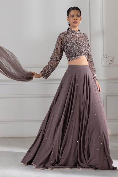 Shop_Raj Arora_Grey Georgette Crystals, Cut Work, Sequins High Neck Embroidered Lehenga Set _Online_at_Aza_Fashions