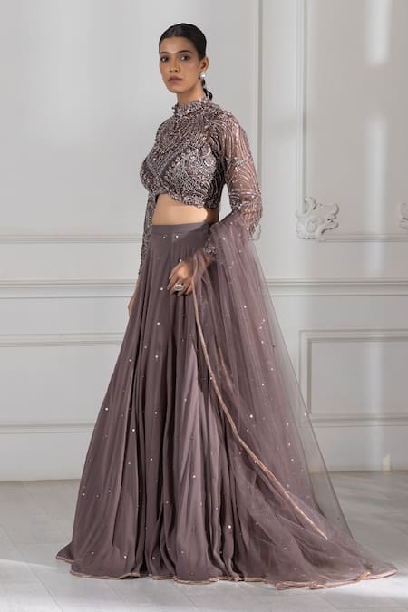 Raj Arora_Grey Georgette Crystals, Cut Work, Sequins High Neck Embroidered Lehenga Set _at_Aza_Fashions