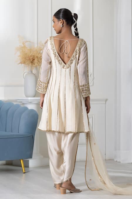 Shop_Raj Arora_Ivory Georgette Zari, Applique, Embroidery Round Neck Kurta Dhoti Pant Set _at_Aza_Fashions