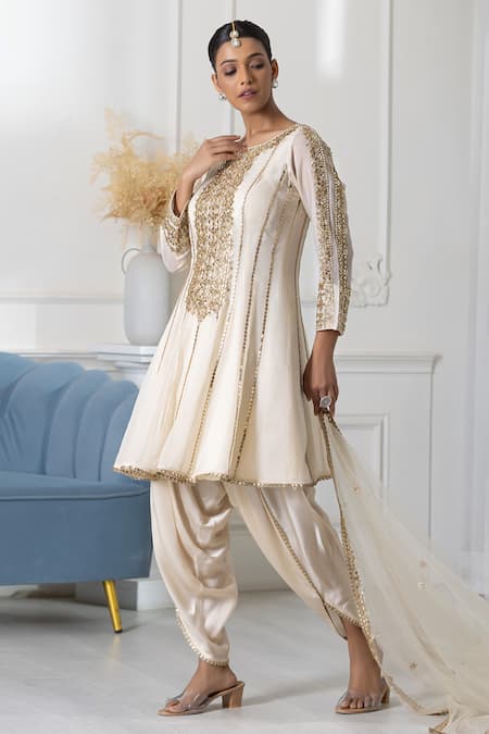 Buy_Raj Arora_Ivory Georgette Zari, Applique, Embroidery Round Neck Kurta Dhoti Pant Set _Online_at_Aza_Fashions