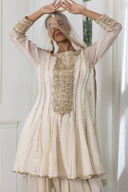 Shop_Raj Arora_Ivory Georgette Zari, Applique, Embroidery Round Neck Kurta Dhoti Pant Set _Online_at_Aza_Fashions