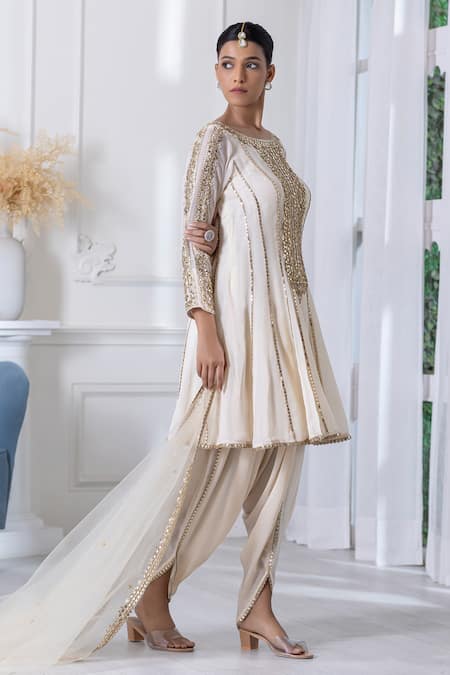 Raj Arora_Ivory Georgette Zari, Applique, Embroidery Round Neck Kurta Dhoti Pant Set _at_Aza_Fashions