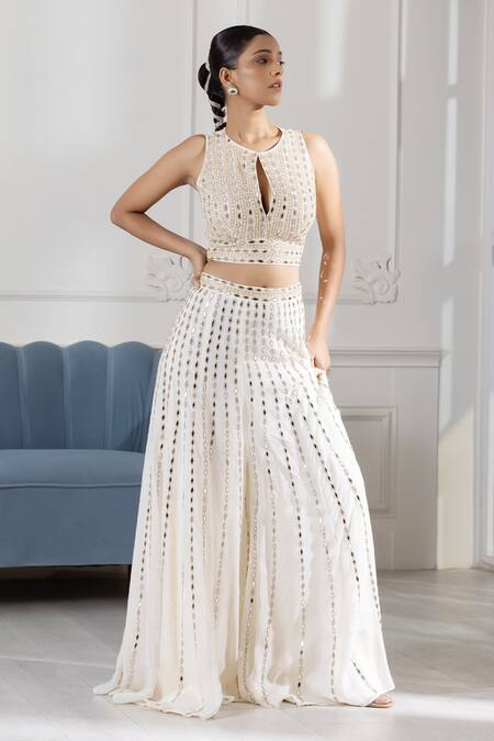 Raj Arora_Ivory Georgette Embroidery, Pearls, Mirrors Round Neck And Jacket Sharara Set _Online_at_Aza_Fashions