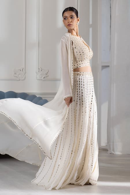 Shop_Raj Arora_Ivory Georgette Embroidery, Pearls, Mirrors Round Neck And Jacket Sharara Set _Online_at_Aza_Fashions