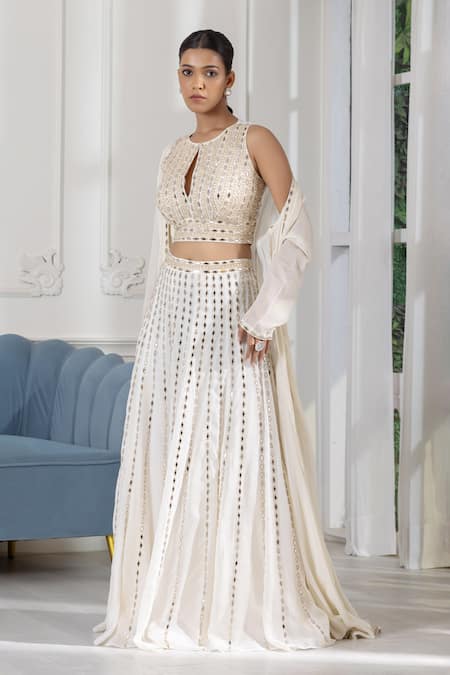 Raj Arora_Ivory Georgette Embroidery, Pearls, Mirrors Round Neck And Jacket Sharara Set _at_Aza_Fashions