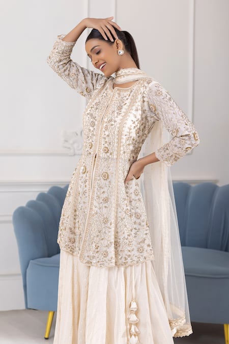 Raj Arora Ivory Georgette Cut Work, Sequins, Pearls Floral Embroidered Kurta Sharara Set Online at Aza Fashions Raj Arora_Ivory Georgette Cut Work, Sequins, Pearls Floral Embroidered Kurta Sharara Set _Online_at_Aza_Fashions
