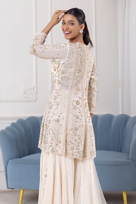 Buy Raj Arora Ivory Georgette Cut Work, Sequins, Pearls Floral Embroidered Kurta Sharara Set Online at Aza Fashions Buy_Raj Arora_Ivory Georgette Cut Work, Sequins, Pearls Floral Embroidered Kurta Sharara Set _Online_at_Aza_Fashions