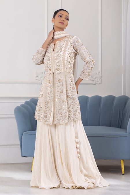 Shop Raj Arora Ivory Georgette Cut Work, Sequins, Pearls Floral Embroidered Kurta Sharara Set Online at Aza Fashions Shop_Raj Arora_Ivory Georgette Cut Work, Sequins, Pearls Floral Embroidered Kurta Sharara Set _Online_at_Aza_Fashions