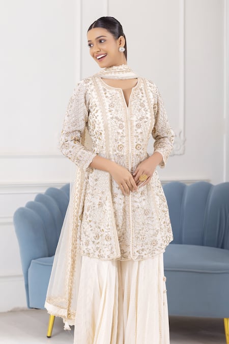 Buy Raj Arora Ivory Georgette Cut Work, Sequins, Pearls Floral Embroidered Kurta Sharara Set Buy_Raj Arora_Ivory Georgette Cut Work, Sequins, Pearls Floral Embroidered Kurta Sharara Set