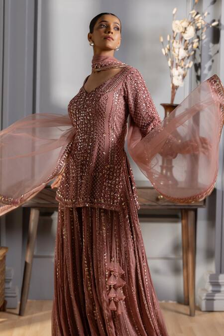 Raj Arora_Pink Georgette Crystals, Cut Work, Sequins V-neck Embroidered Kurta Sharara Set _Online_at_Aza_Fashions