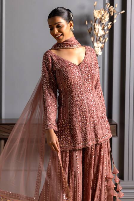 Buy_Raj Arora_Pink Georgette Crystals, Cut Work, Sequins V-neck Embroidered Kurta Sharara Set _Online_at_Aza_Fashions