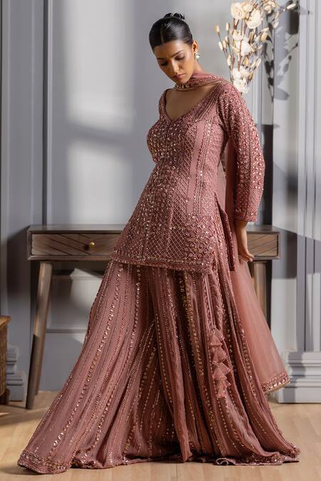 Shop_Raj Arora_Pink Georgette Crystals, Cut Work, Sequins V-neck Embroidered Kurta Sharara Set _Online_at_Aza_Fashions