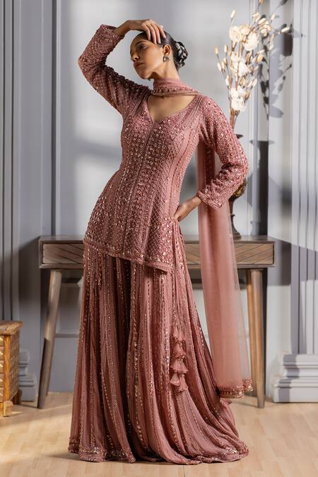 Raj Arora_Pink Georgette Crystals, Cut Work, Sequins V-neck Embroidered Kurta Sharara Set _at_Aza_Fashions