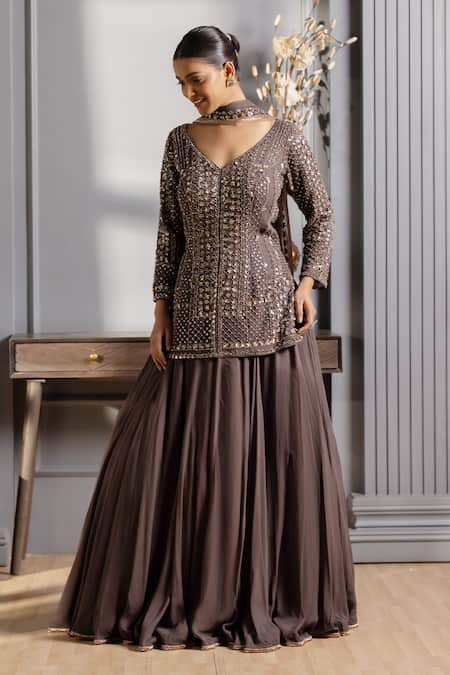Buy_Raj Arora_Grey Georgette Crystals, Cut Work, Sequins V-neck Embroidered Lehenga Set _Online_at_Aza_Fashions