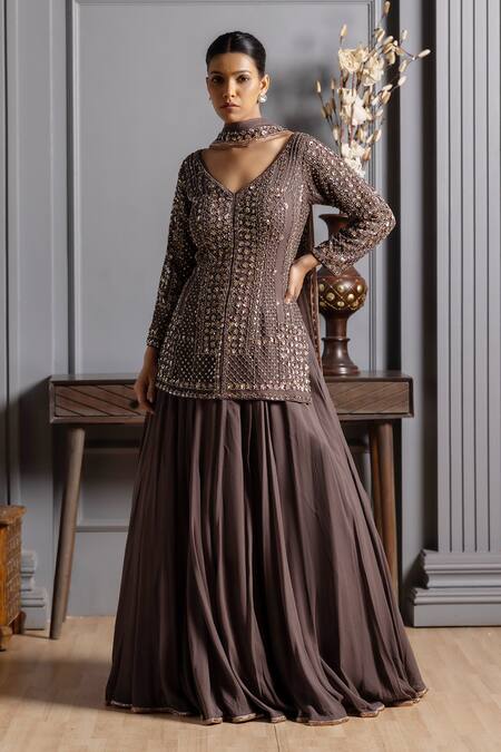 Shop_Raj Arora_Grey Georgette Crystals, Cut Work, Sequins V-neck Embroidered Lehenga Set _Online_at_Aza_Fashions