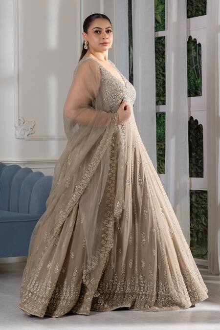 Buy_Raj Arora_Gold Georgette Zari, Crystals V-neck And Embroidered Anarkali With Dupatta _Online_at_Aza_Fashions