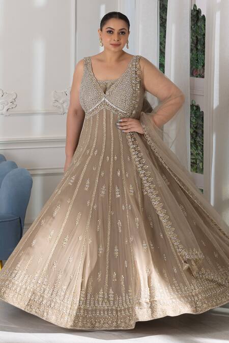 Shop_Raj Arora_Gold Georgette Zari, Crystals V-neck And Embroidered Anarkali With Dupatta _Online_at_Aza_Fashions