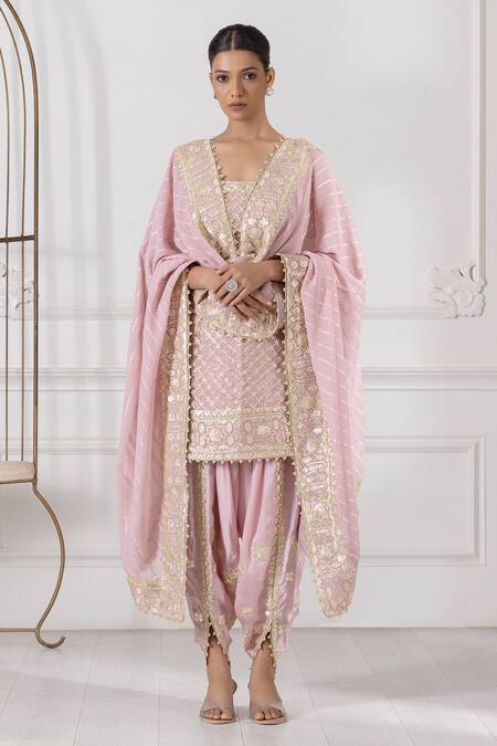 Raj Arora_Pink Georgette Gota Patti Round Neck Embroidered Kurta Dhoti Pant Set _Online_at_Aza_Fashions