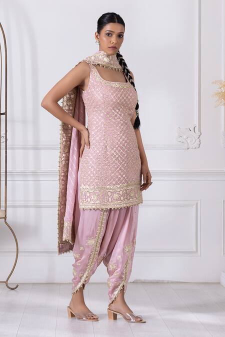 Buy_Raj Arora_Pink Georgette Gota Patti Round Neck Embroidered Kurta Dhoti Pant Set _Online_at_Aza_Fashions