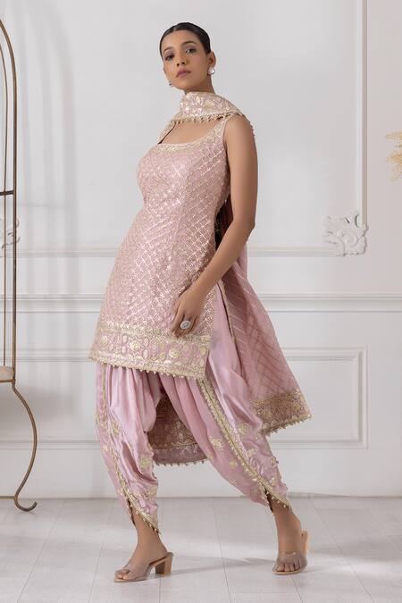 Shop_Raj Arora_Pink Georgette Gota Patti Round Neck Embroidered Kurta Dhoti Pant Set _Online_at_Aza_Fashions
