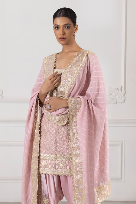 Buy_Raj Arora_Pink Georgette Gota Patti Round Neck Embroidered Kurta Dhoti Pant Set 