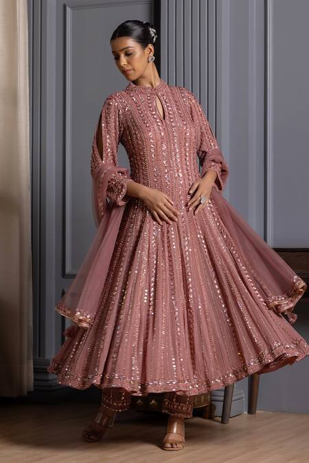 Raj Arora_Pink Georgette Sequins, Embroidery Keyhole Neck Crystal And Anarkali Pant Set _Online_at_Aza_Fashions