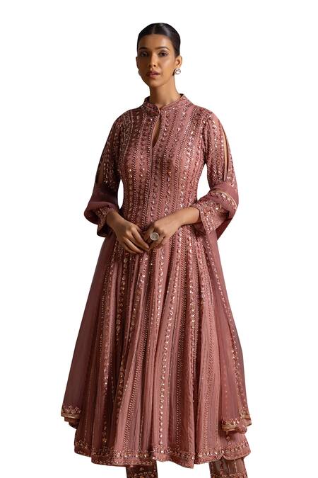 Buy_Raj Arora_Pink Georgette Sequins, Embroidery Keyhole Neck Crystal And Anarkali Pant Set _Online_at_Aza_Fashions