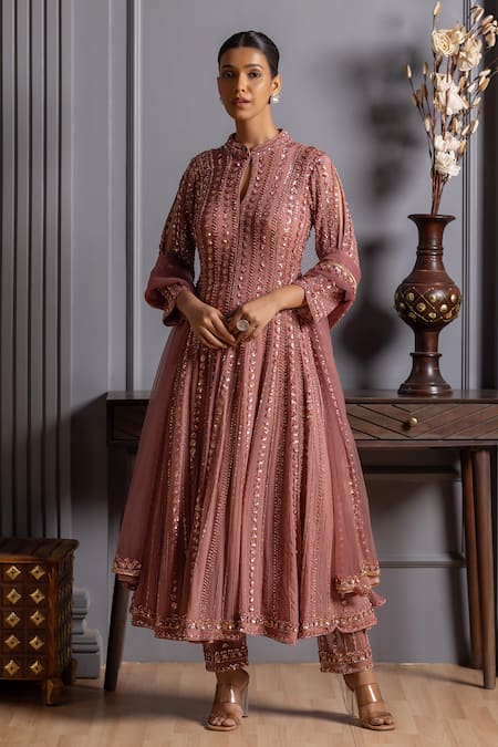 Shop_Raj Arora_Pink Georgette Sequins, Embroidery Keyhole Neck Crystal And Anarkali Pant Set _Online_at_Aza_Fashions