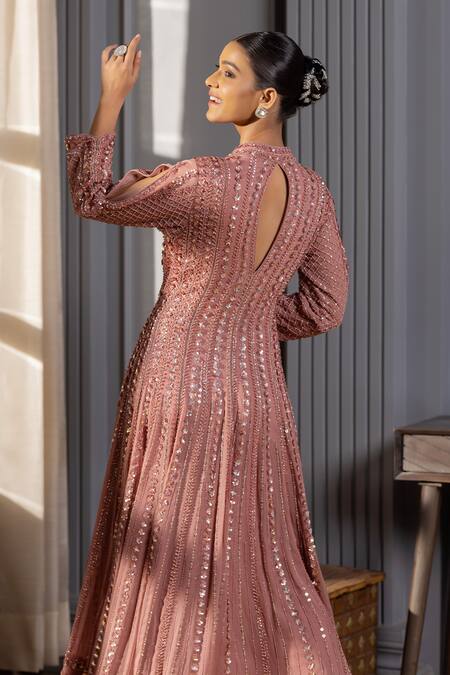 Raj Arora_Pink Georgette Sequins, Embroidery Keyhole Neck Crystal And Anarkali Pant Set _at_Aza_Fashions