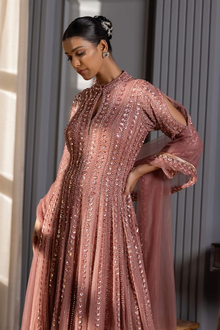 Buy_Raj Arora_Pink Georgette Sequins, Embroidery Keyhole Neck Crystal And Anarkali Pant Set 
