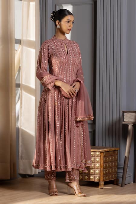 Shop_Raj Arora_Pink Georgette Sequins, Embroidery Keyhole Neck Crystal And Anarkali Pant Set 