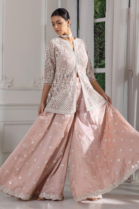 RAJ ARORA Pink Georgette Embroidered Pearl Notched Kurta Sharara Set 