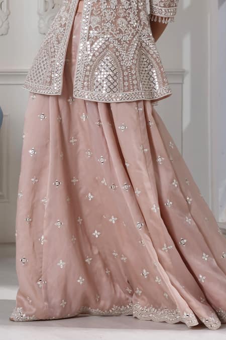 Buy_Raj Arora_Pink Georgette Pearls, Mirrors Split V-neck Embroidered Kurta Sharara Set _Online_at_Aza_Fashions