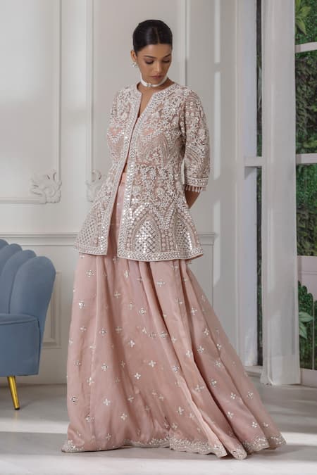 Shop_Raj Arora_Pink Georgette Pearls, Mirrors Split V-neck Embroidered Kurta Sharara Set _Online_at_Aza_Fashions