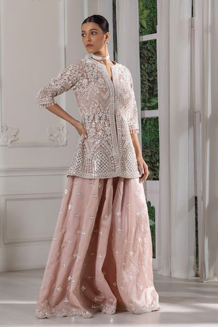 Raj Arora_Pink Georgette Pearls, Mirrors Split V-neck Embroidered Kurta Sharara Set _at_Aza_Fashions