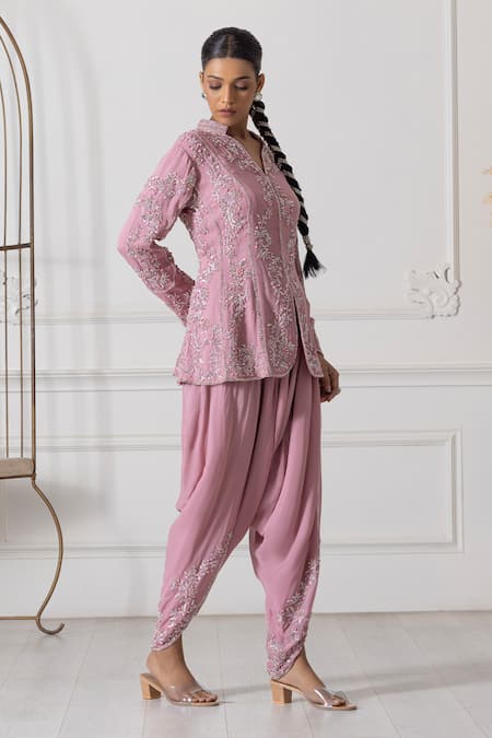 Raj Arora_Pink Georgette Cut Work, Pearls, Sequins Embroidered Peplum Kurta Dhoti Pant Set _Online_at_Aza_Fashions
