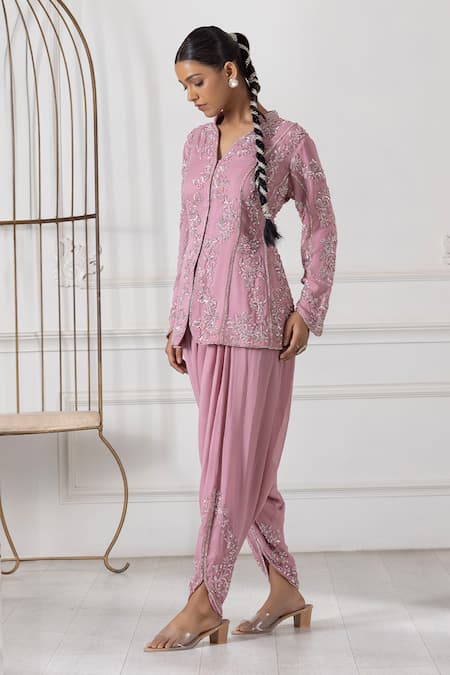 Buy_Raj Arora_Pink Georgette Cut Work, Pearls, Sequins Embroidered Peplum Kurta Dhoti Pant Set _Online_at_Aza_Fashions