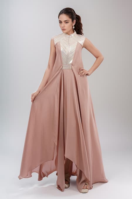 Amit Aggarwal Pink Embellished Metallic Band Collar Asymmetric Dress 