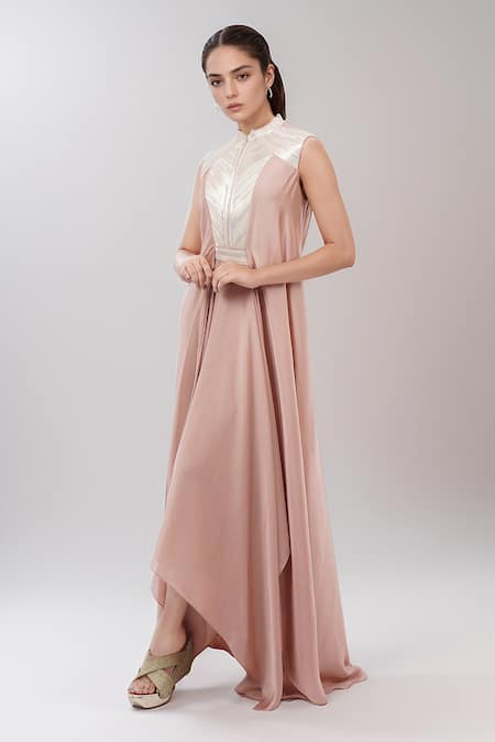 Amit Aggarwal Pink Chiffon Metallic Thread Collared Embellished Asymmetric Dress Online at Aza Fashions Amit Aggarwal_Pink Chiffon Metallic Thread Collared Embellished Asymmetric Dress _Online_at_Aza_Fashions