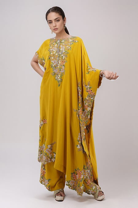 Anamika Khanna Yellow Embroidery Floral Boat Kaftan And Pant Set 