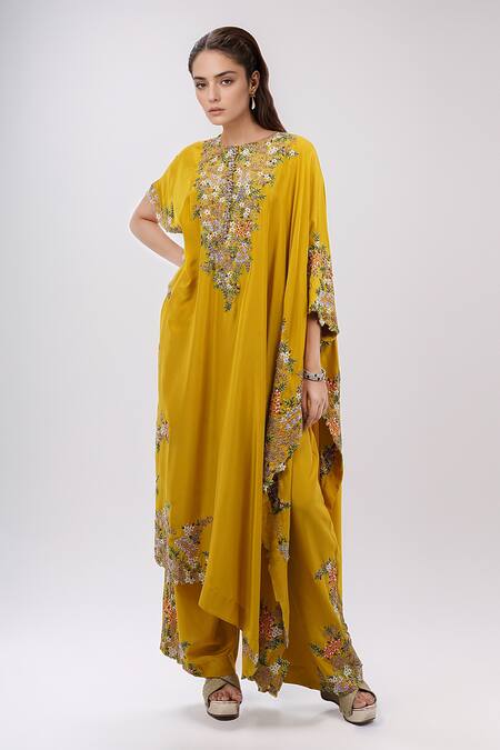 Anamika Khanna Yellow Embroidery Boat Neck Floral Kaftan And Pant Set Online at Aza Fashions Anamika Khanna_Yellow Embroidery Boat Neck Floral Kaftan And Pant Set_Online_at_Aza_Fashions