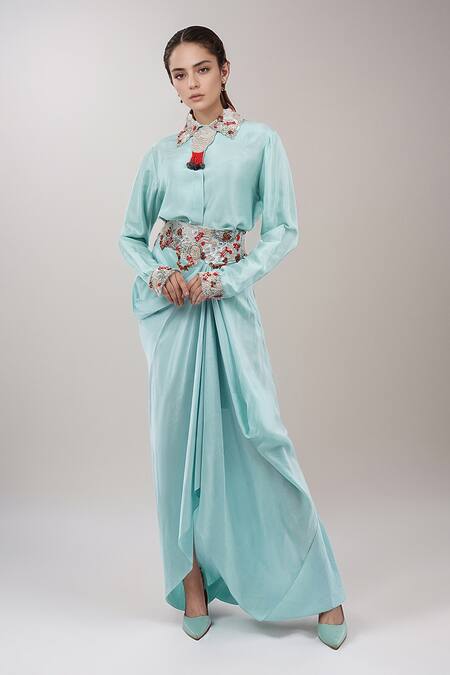 Anamika Khanna Sky Blue Silk Embroidery Collared Shirt And Draped Skirt Set Online at Aza Fashions Anamika Khanna_Sky Blue Silk Embroidery Collared Shirt And Draped Skirt Set_Online_at_Aza_Fashions
