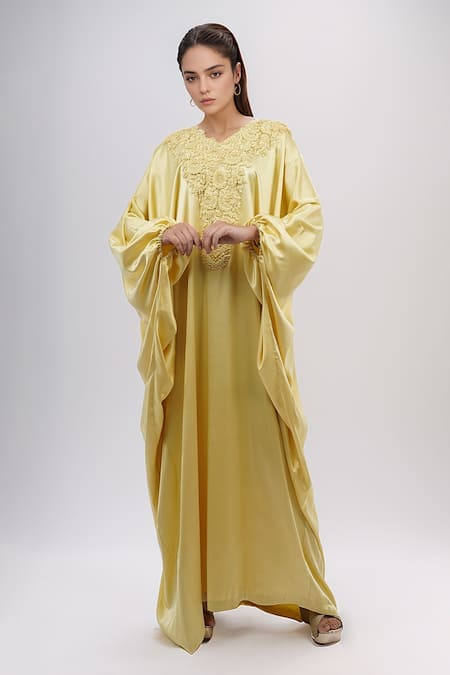 Anamika Khanna_Yellow Silk, Satin Embroidery V-neck Floral Kaftan Dress_Online_at_Aza_Fashions