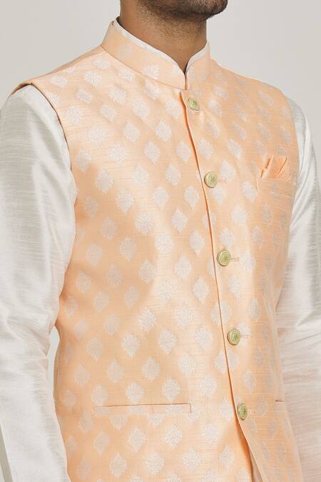 Shop Arihant Rai Sinha Peach Silk Embroidery Floral Motif Bundi Online at Aza Fashions Shop_Arihant Rai Sinha_Peach Silk Embroidery Floral Motif Bundi _Online_at_Aza_Fashions