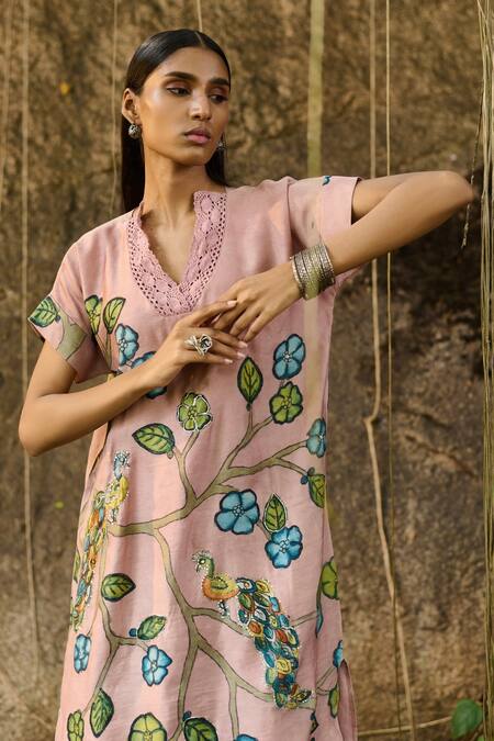 Buy Aamra By Lavanya Pink Cotton, Silk Sequins V-neck Sandrose Kalamkari Peacock Kurta With Pant Online at Aza Fashions Buy_Aamra By Lavanya_Pink Cotton, Silk Sequins V-neck Sandrose Kalamkari Peacock Kurta With Pant_Online_at_Aza_Fashions