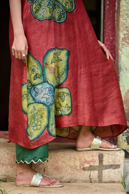 Buy_Aamra By Lavanya_Maroon Cotton, Silk Embroidery, Kalamkari Floral Oversize Kurta With Pant 