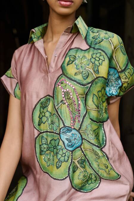 Aamra By Lavanya_Pink Cotton, Silk Embroidery, Sandrose Kalamkari Floral Shirt Kurta With Pant_Online_at_Aza_Fashions